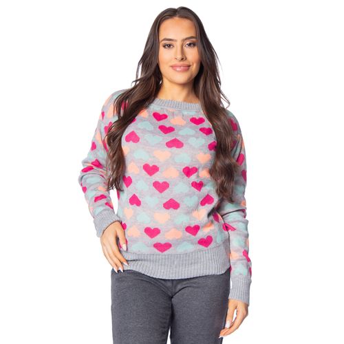 Blusa Feminina Oliveira Malhas Tricot com Corações Cinza