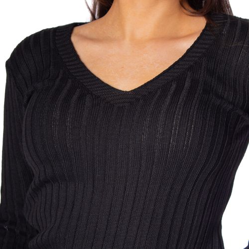 Blusa Feminina Oliveira Malhas em Tricot com Gola V Preto
