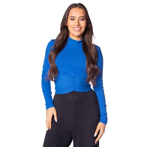 Blusa Feminina Cativa Canelada Detalhe Franzido Azul