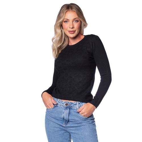 Blusa Feminina Facinelli Tricot Textura Quadrados Preto