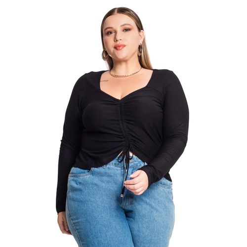 Blusa Feminina Rovitex Plus Size Manga Longa com Franzido Preto