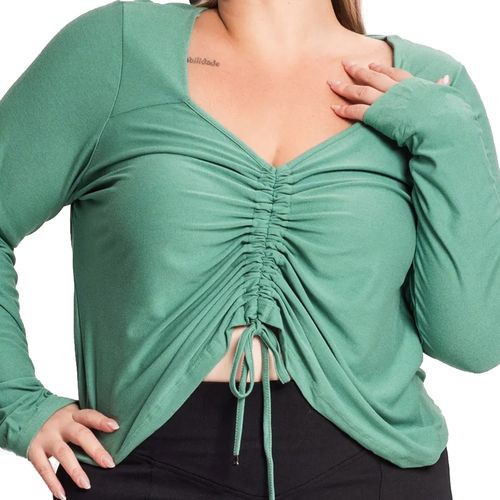 Blusa Feminina Rovitex Plus Size Manga Longa com Franzido Verde Claro