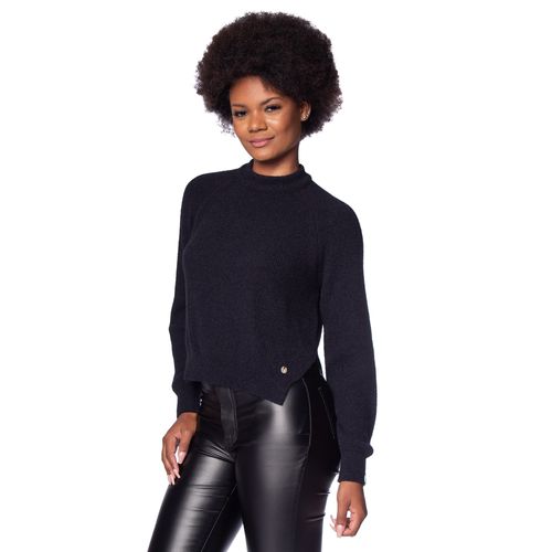 Blusa Feminina Biamar Tricot Fio Pluma Fendas Laterais Preto