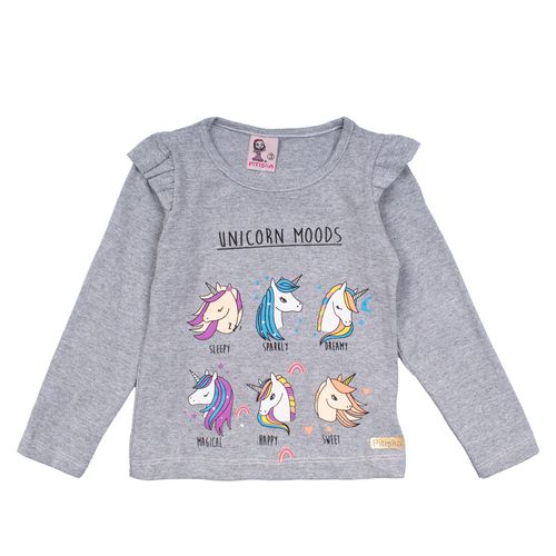 Blusa Infantil Pitiska Manga Longa Unicorn Moods Menina Cinza