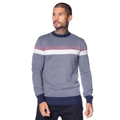 Suéter Masculino Dixie Tricot Mesclado com Listras Marinho/branco