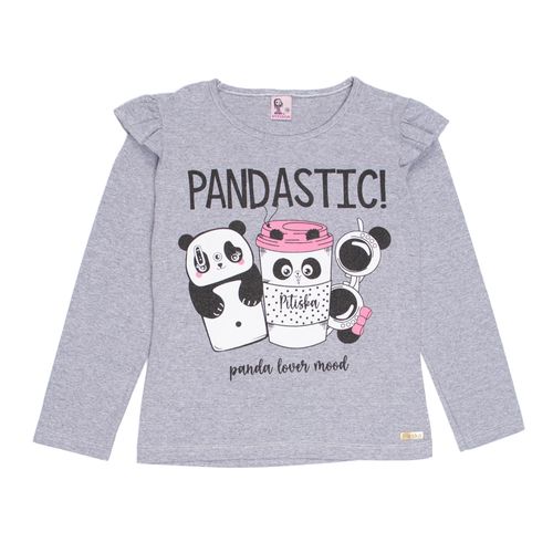 Blusa Infantil Pitiska Babados Manga Longa Panda Cinza