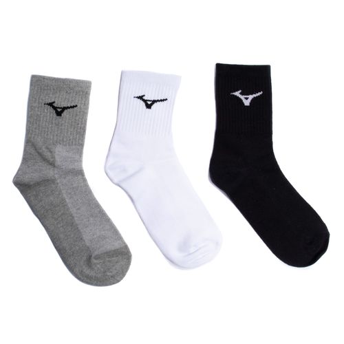 Kit 3 Pares Meias Esportivas Mizuno Cano Médio Cinza/Branco/Preto