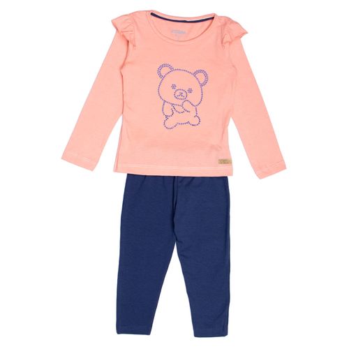 Conjunto Infantil Pitiska Babados Manga Longa Urso Pedrarias Salmão