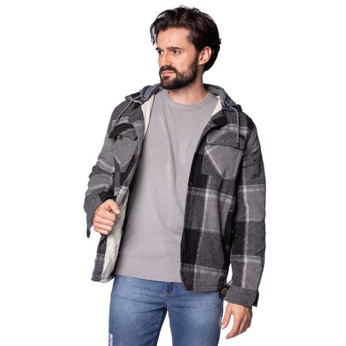 Jaqueta Masculina Gansgter Capuz Flanelada Xadrez Cinza/Preto