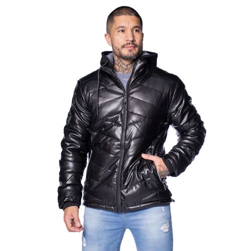 Jaqueta Masculina Gangster Puffer Corino com Capuz Preta