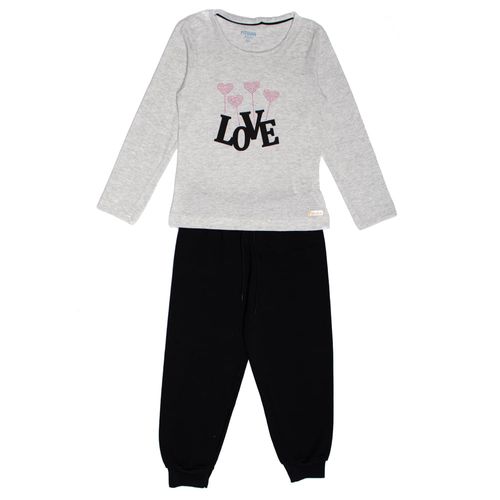 Conjunto Infantil Menina Pitiska Love Corações com Pedrarias Cinza/Preto