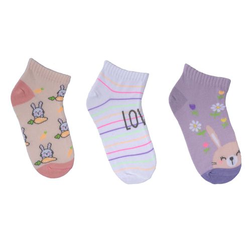 Kit com 3 Pares de Meias Infantis Selene Cano Curto Coelho Lilás/branco