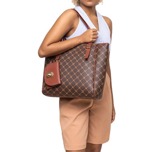 Bolsa Feminina Rafitthy Tote Grande Monograma com Porta Documentos Marrom