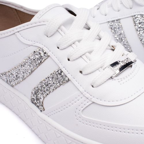 Tênis Feminino Moleca com Detalhes em Glitter Branco/prata