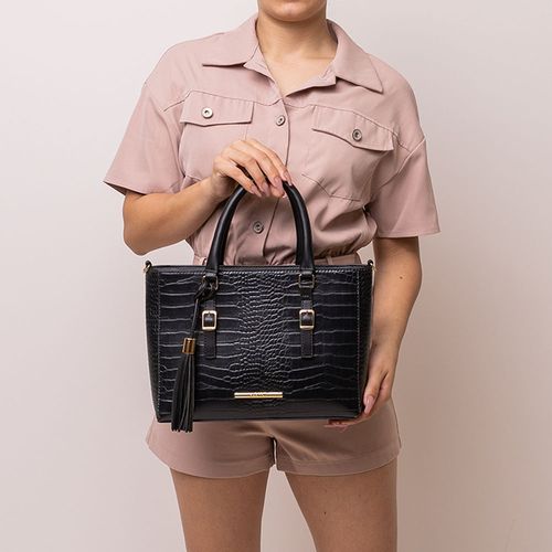 Bolsa Feminina Rafitthy Transversal Média Detalhes Croco Preta