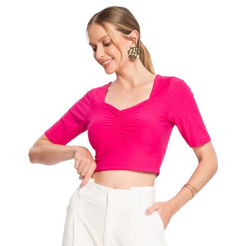 Blusa Cropped Feminina Rovitex Detalhe Franzido Pink