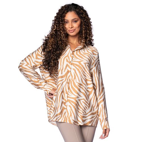 Camisa Feminina Susan Zheng Estampada Animal Print Caqui