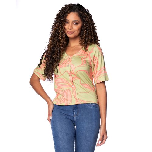 Camisa Feminina Rovitex Decote V com Botões Verde Claro/Coral