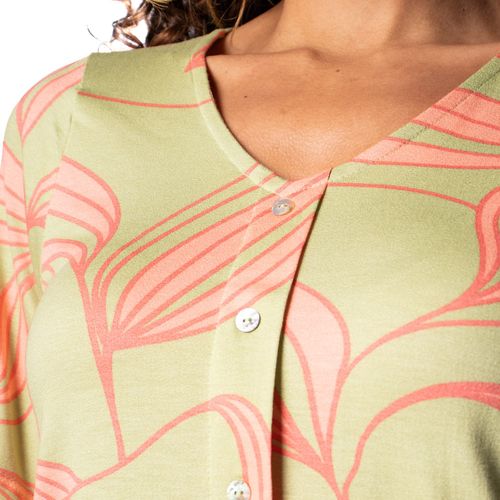 Camisa Feminina Rovitex Decote V com Botões Verde Claro/Coral