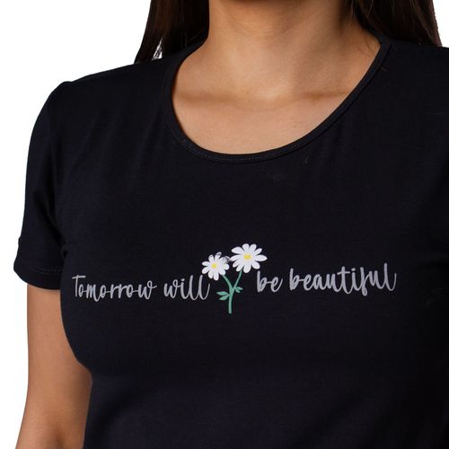 Blusa Feminina Rechsul Manga Curta com Escrita Preto