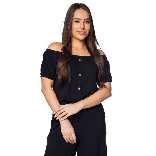 Blusa Feminina Feliny Ombro a Ombro Botões Preto