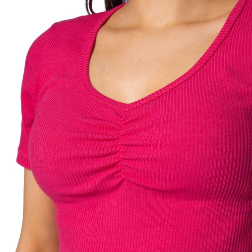 Blusa Cropped Feminina Feliny Canelada com Detalhe Franzido Rosa