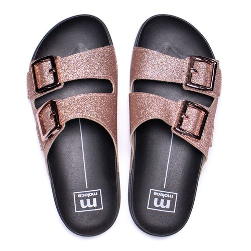 Chinelo Slide Feminino Moleca com Fivelas Glitter Ouro Rosado