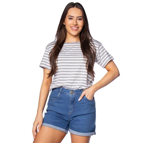 Blusa Feminina Rechsul Manga Curta Listrada Cinza/branco