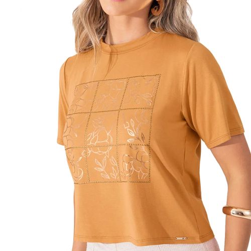 T-Shirt Feminina Olho Fatal com Estampa Metalizada Caramelo