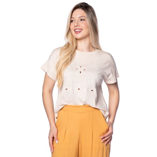 T-Shirt Feminina Olho Fatal Algodão com Bordado Bege Claro