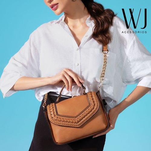 Bolsa Feminina WJ Transversal com Detalhes Trançados Caramelo