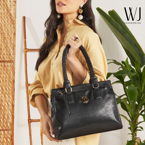 Bolsa Feminina WJ Tote Média Alças Trançadas Preto