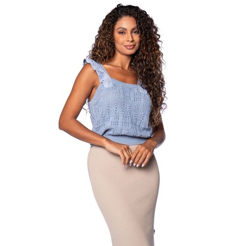 Regata Feminina Biamar Tricot com Renda nas Alças Azul Claro