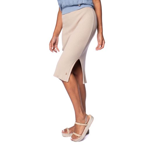 Saia Midi Feminina Biamar Tricot Canelado com Fenda Lateral Bege Claro