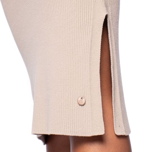 Saia Midi Feminina Biamar Tricot Canelado com Fenda Lateral Bege Claro