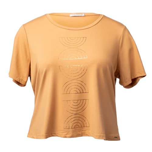 T-Shirt Feminina Olho Fatal Plus Size Com Estampa e Brilhos Caramelo/Dourado