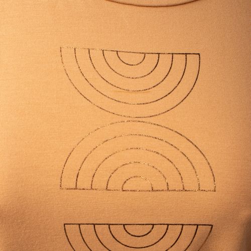 T-Shirt Feminina Olho Fatal Plus Size Com Estampa e Brilhos Caramelo/Dourado