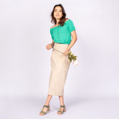 Saia Endless Sarja Feminina Rovitex Midi com Fenda e Bolsos Bege
