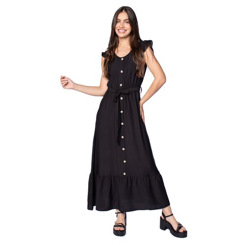 Vestido Midi Feminino Facinelli com Botões e Faixa Preto