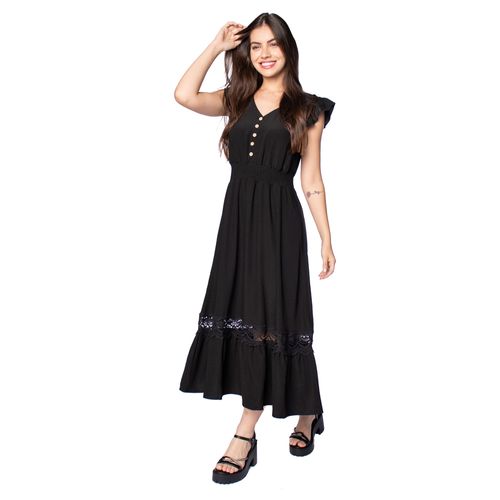 Vestido Midi Feminino Facinelli com Detalhe de Renda Preto