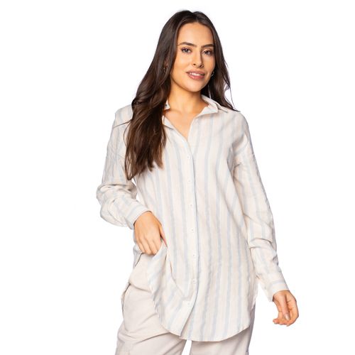 Camisa Feminina Milano Alongada Listrada Bege/azul