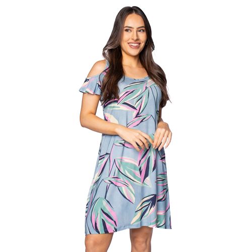Vestido Feminino Averzzy Estampado com Recorte nos Ombros Azul
