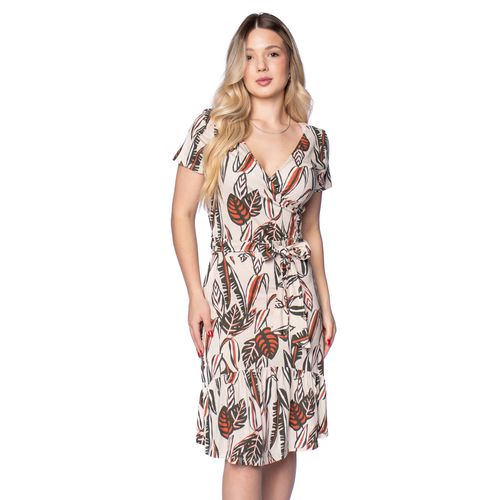 Vestido Feminino Giraffe Estampado com Transpasse Bege/laranja
