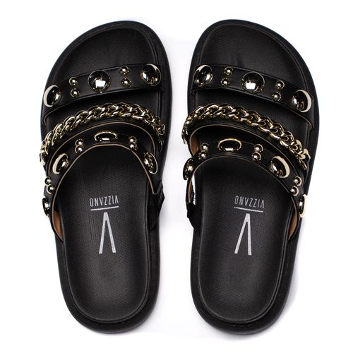 Chinelo Slide Feminino Vizzano com Corrente e Metais Preto