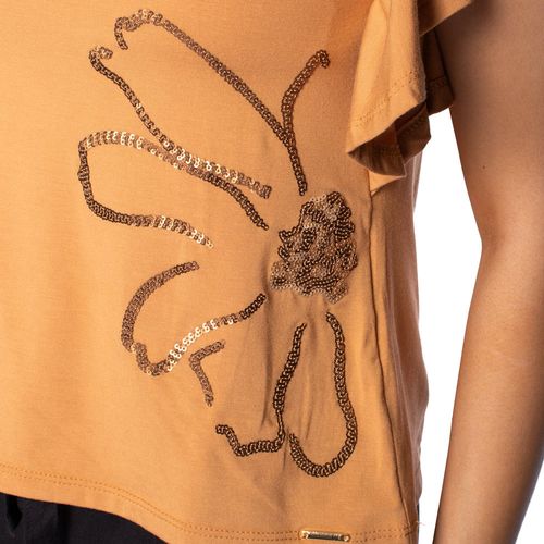 Blusa Feminina Olho Fatal com Detalhe de Paetês Caramelo