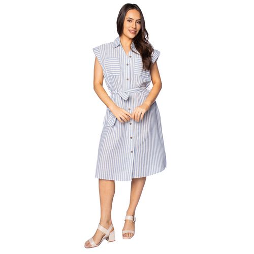 Vestido Midi Feminino Mochine Listrado Bege/azul