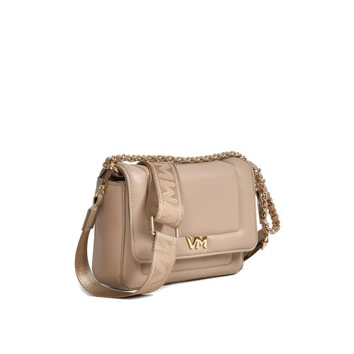 Bolsa Feminina Via Marte Transversal Napa Soft em Matelassê e Correntes Pequena Bege