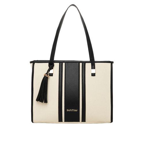 Bolsa Feminina Rafitthy Tiracolo Algodão Cru com Adereço em Tiras Grande Off White/Preta