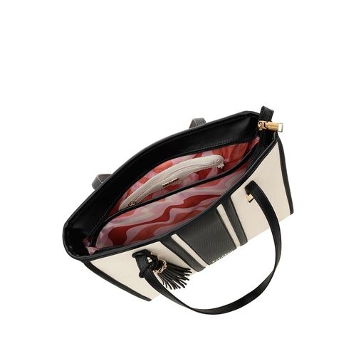 Bolsa Feminina Rafitthy Tiracolo Algodão Cru com Adereço em Tiras Grande Off White/Preta