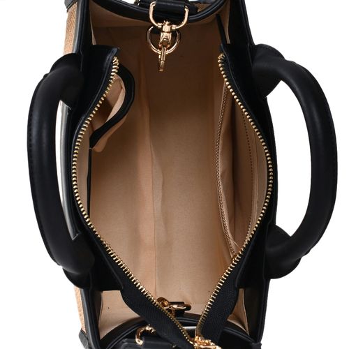 Bolsa Feminina Via Marte Tote de Palha e Napa com Logo Bordado Pequena Bege/Preto